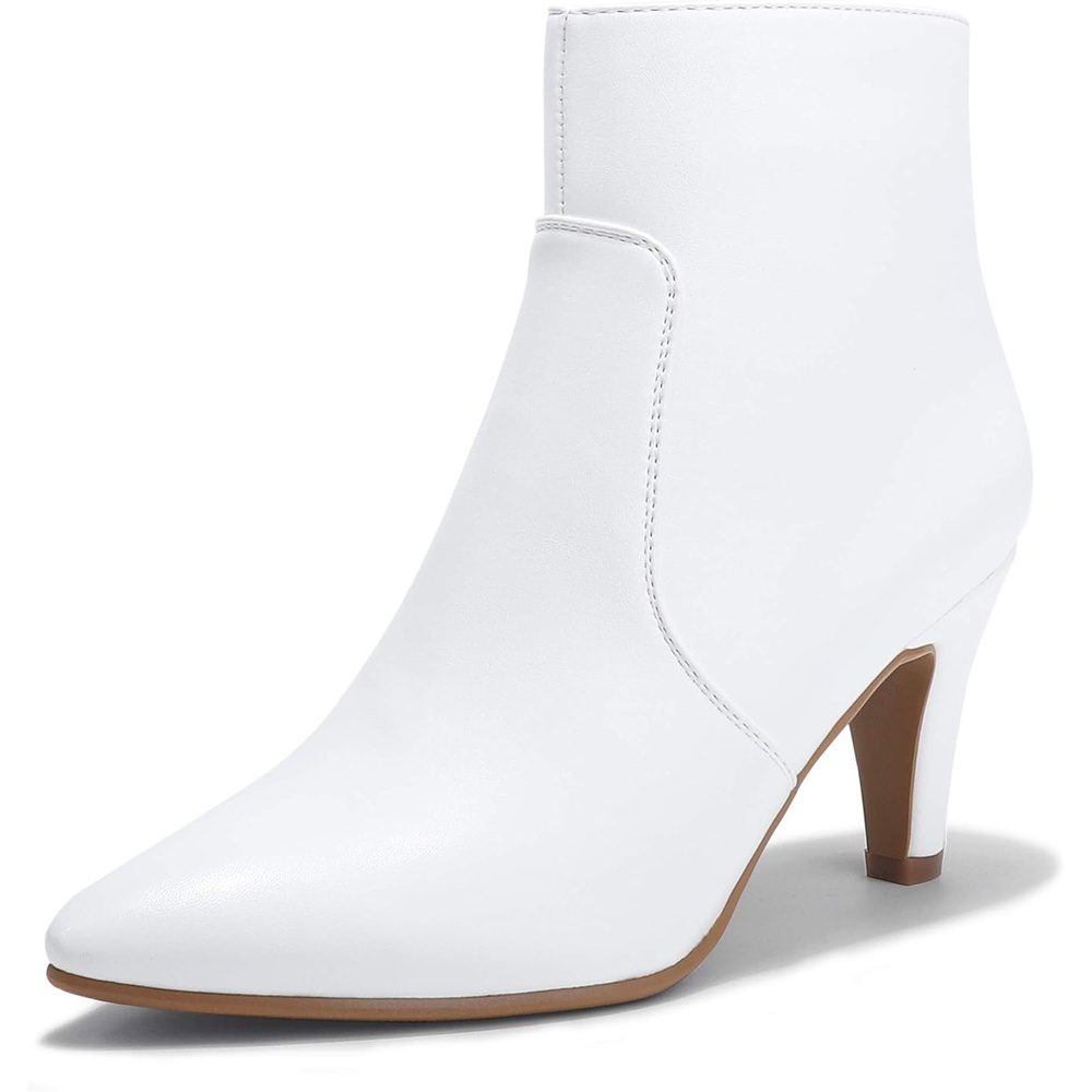 image:imageIDIFU Womens CLARAZ Pointed Toe High Heel Ankle Booties Zipper Buckle Strap Short BootsWhite Pu