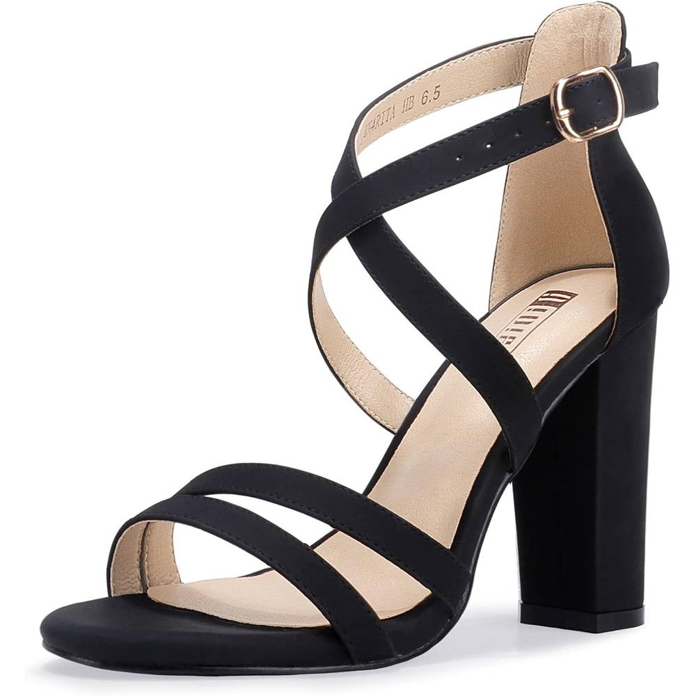 image:imageIDIFU Womens Chunky High Heel Sandal Strappy Open Toe Ankle Strap Dress Shoes for Women Bridesmaid Ladies in Wedding Bridal Evening Homecoming PromD Black Nubuck