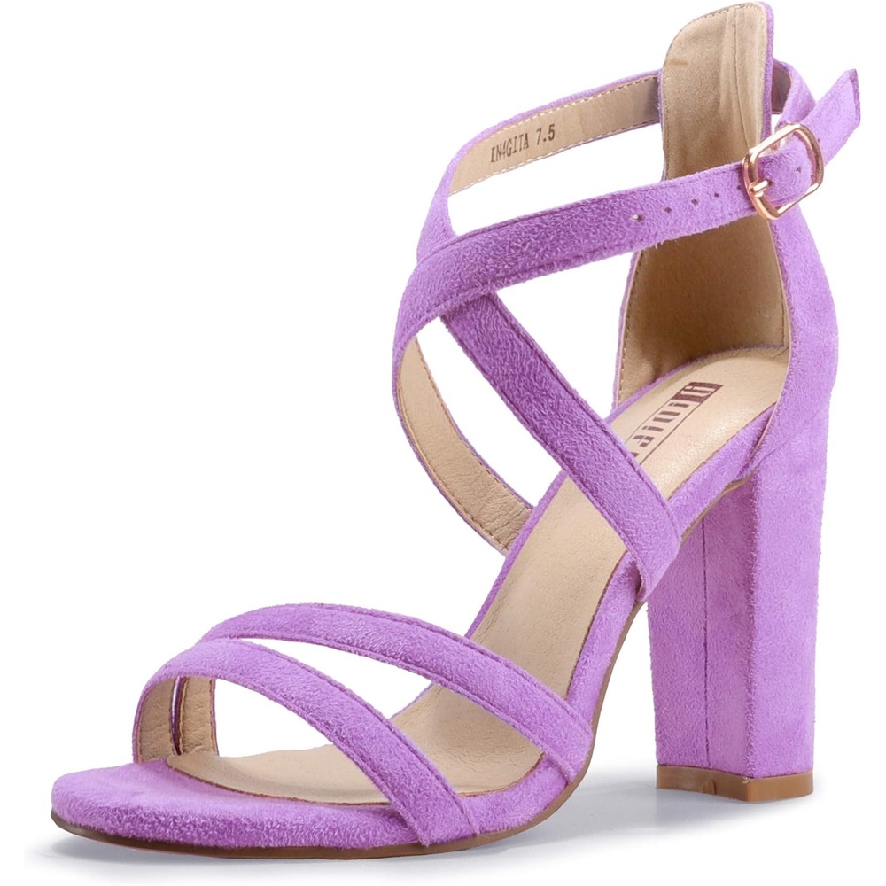 image:imageIDIFU Womens Chunky High Heel Sandal Strappy Open Toe Ankle Strap Dress Shoes for Women Bridesmaid Ladies in Wedding Bridal Evening Homecoming PromD Lilac Suede