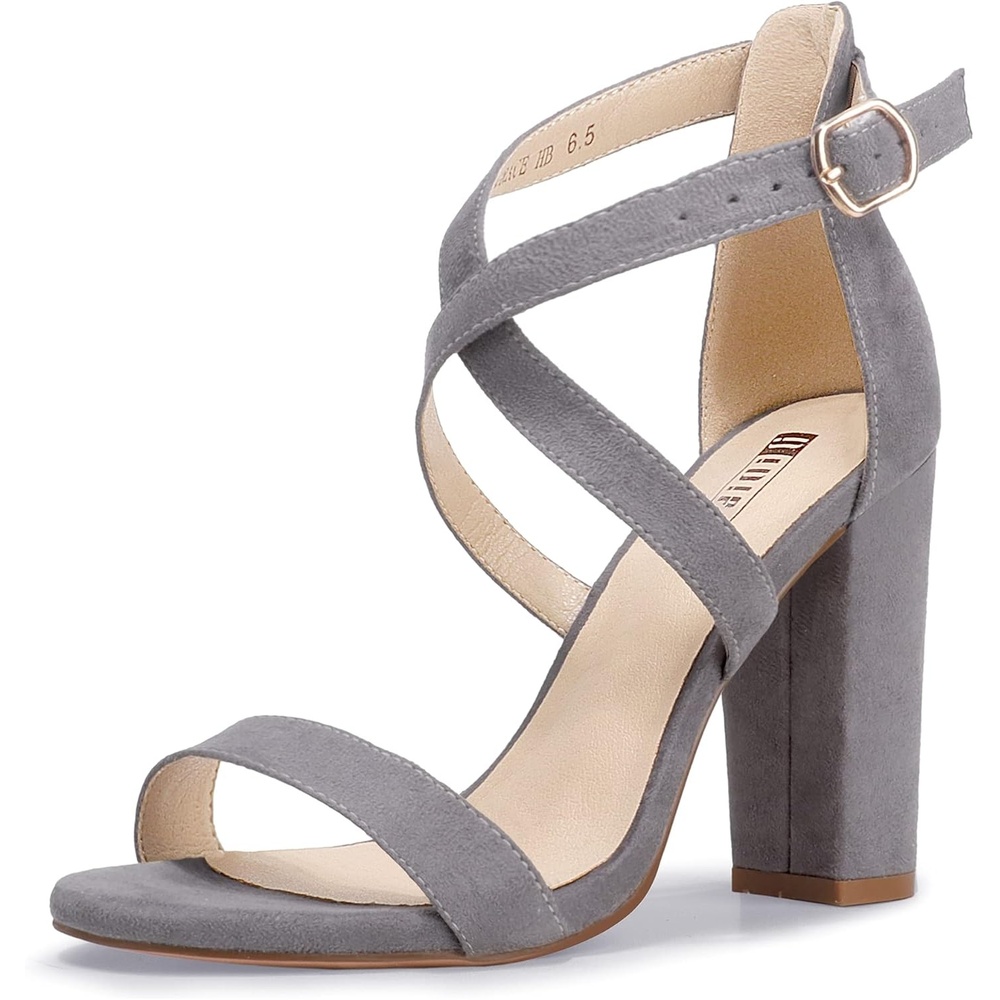 image:imageIDIFU Womens Chunky High Heel Sandal Strappy Open Toe Ankle Strap Dress Shoes for Women Bridesmaid Ladies in Wedding Bridal Evening Homecoming PromGray Suede