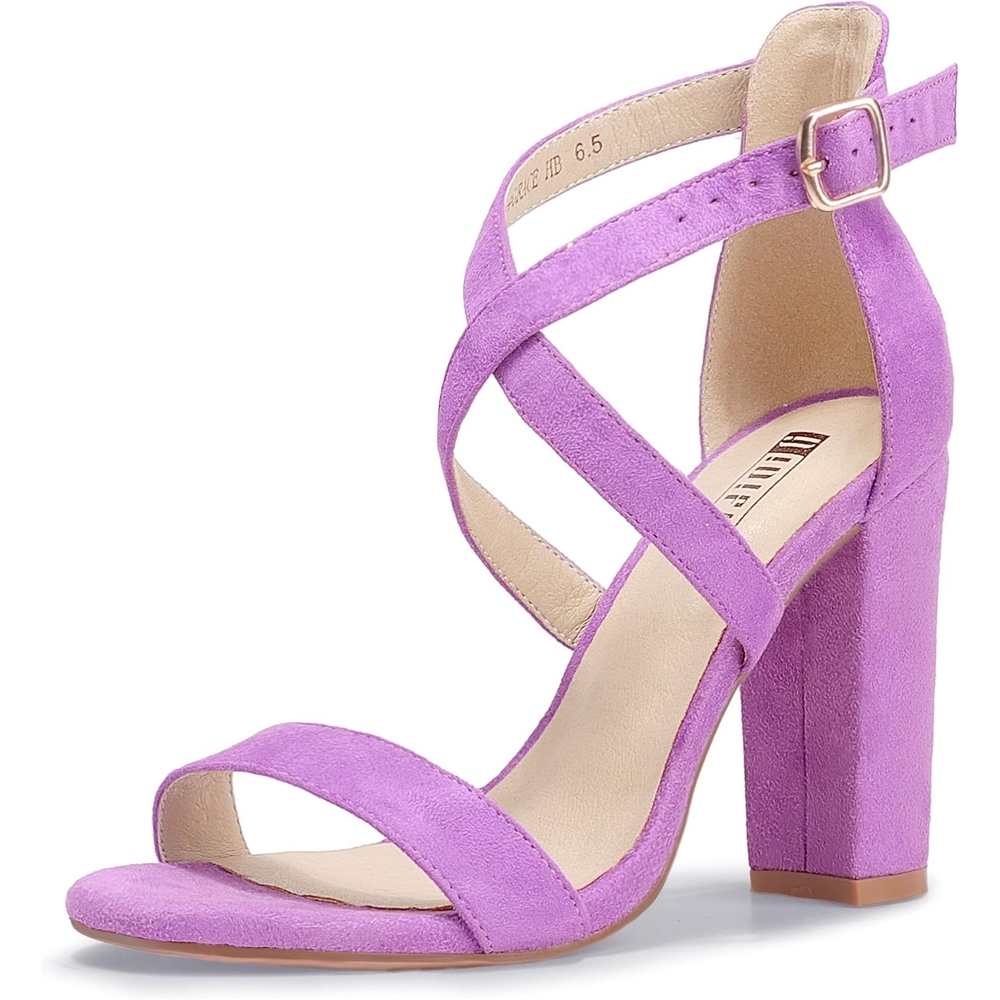 image:imageIDIFU Womens Chunky High Heel Sandal Strappy Open Toe Ankle Strap Dress Shoes for Women Bridesmaid Ladies in Wedding Bridal Evening Homecoming PromLilac Suede