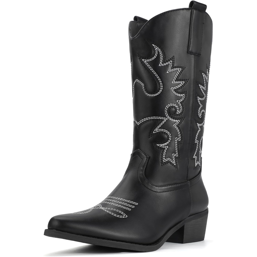image:imageIDIFU Womens Cowboy Boots for Women Cowgirl Western Mid Calf Embroidered Chunky Low Heel Pointed Toe Country Dress Cute Fashion Comfortable Boots BootiesBlack Pu