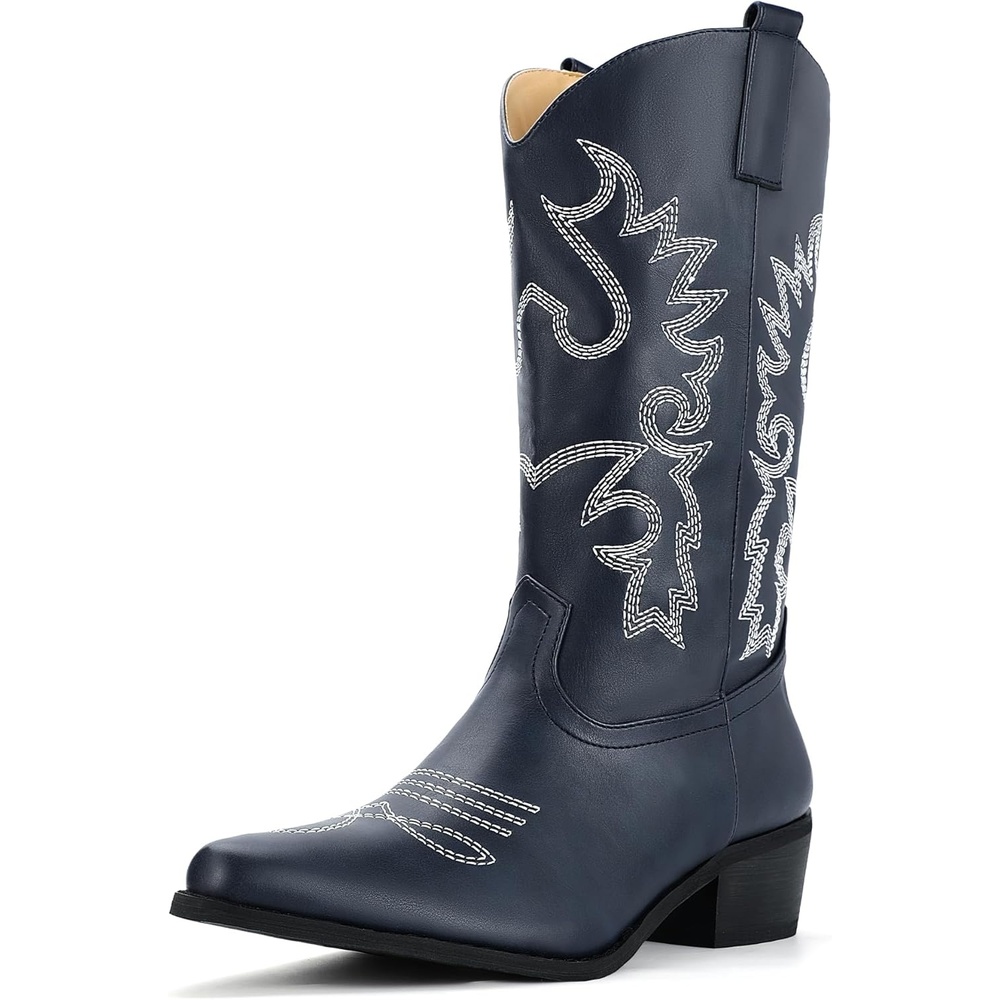 image:imageIDIFU Womens Cowboy Boots for Women Cowgirl Western Mid Calf Embroidered Chunky Low Heel Pointed Toe Country Dress Cute Fashion Comfortable Boots BootiesNavy Blue Pu