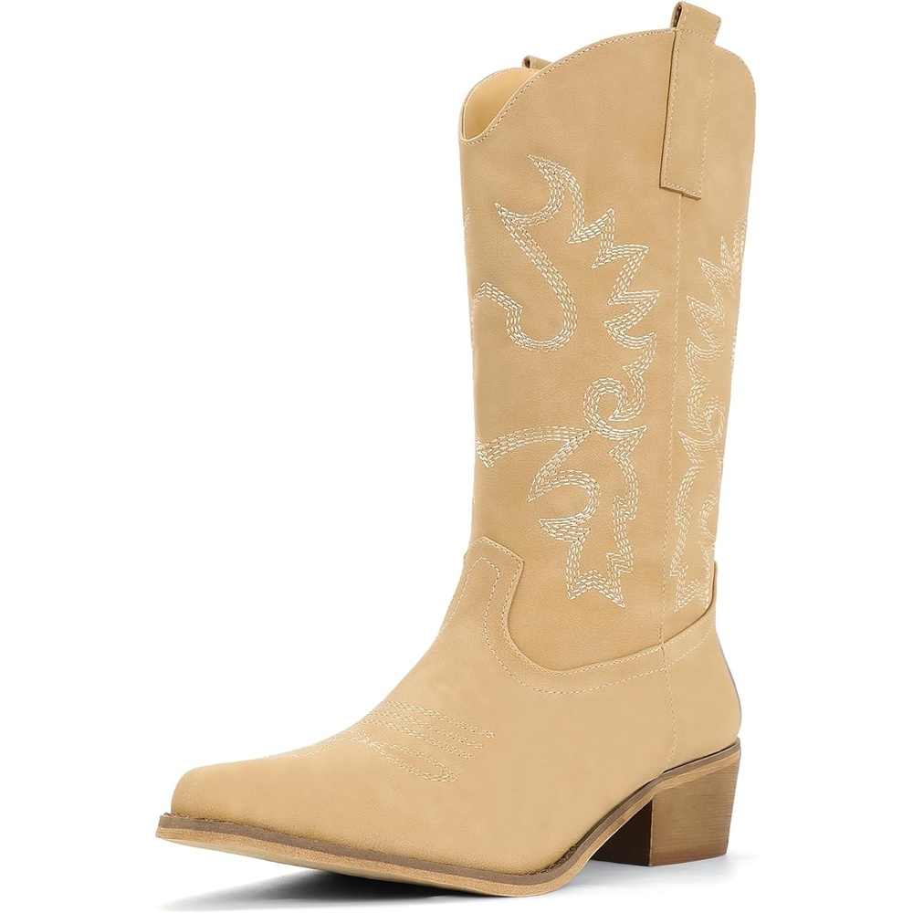 image:imageIDIFU Womens Cowboy Boots for Women Cowgirl Western Mid Calf Embroidered Chunky Low Heel Pointed Toe Country Dress Cute Fashion Comfortable Boots BootiesTan Pu