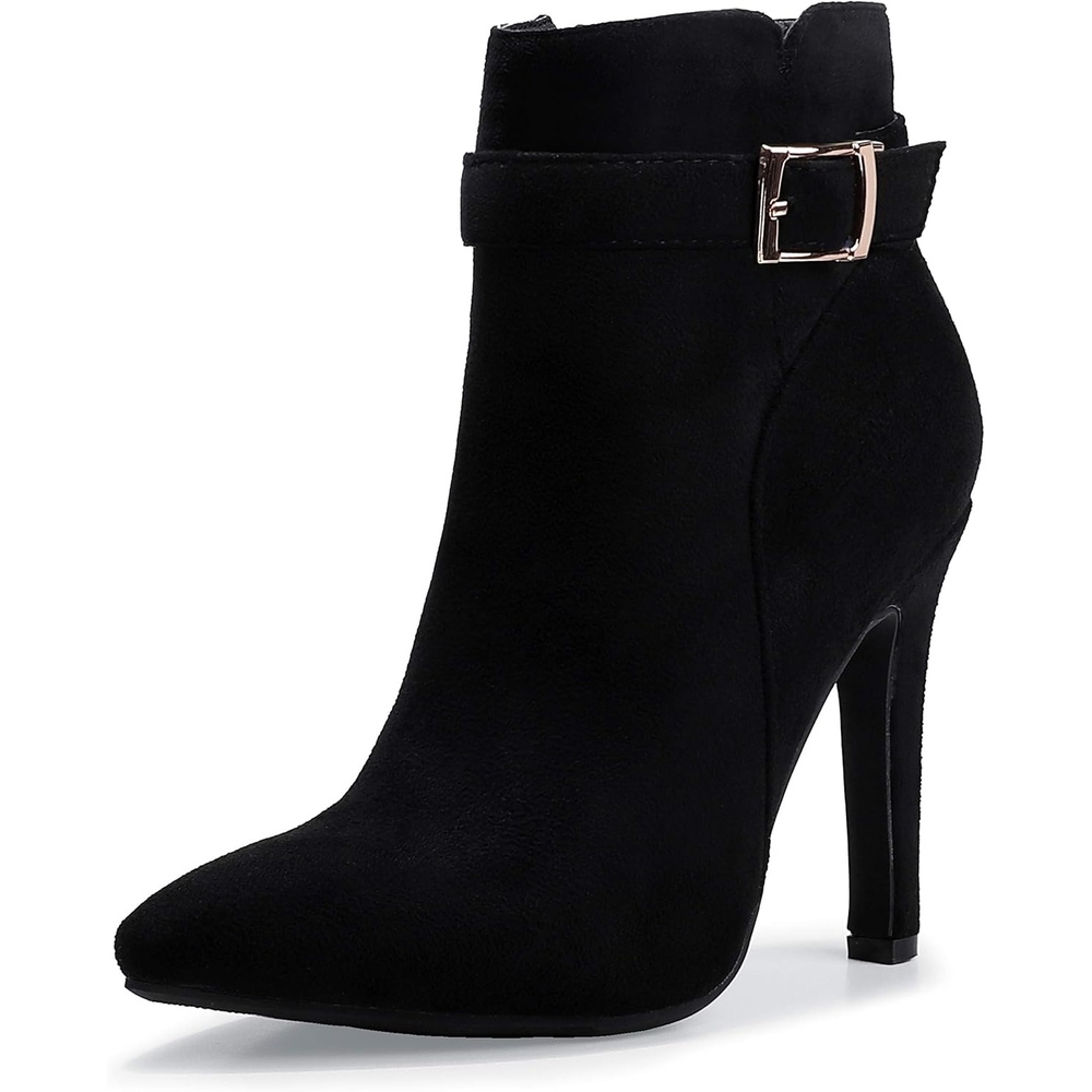 image:imageIDIFU Womens Dana Pointed Toe Stiletto High Heels Ankle Booties Side Zipper Short Boots with Metal BuckleBlack Suede