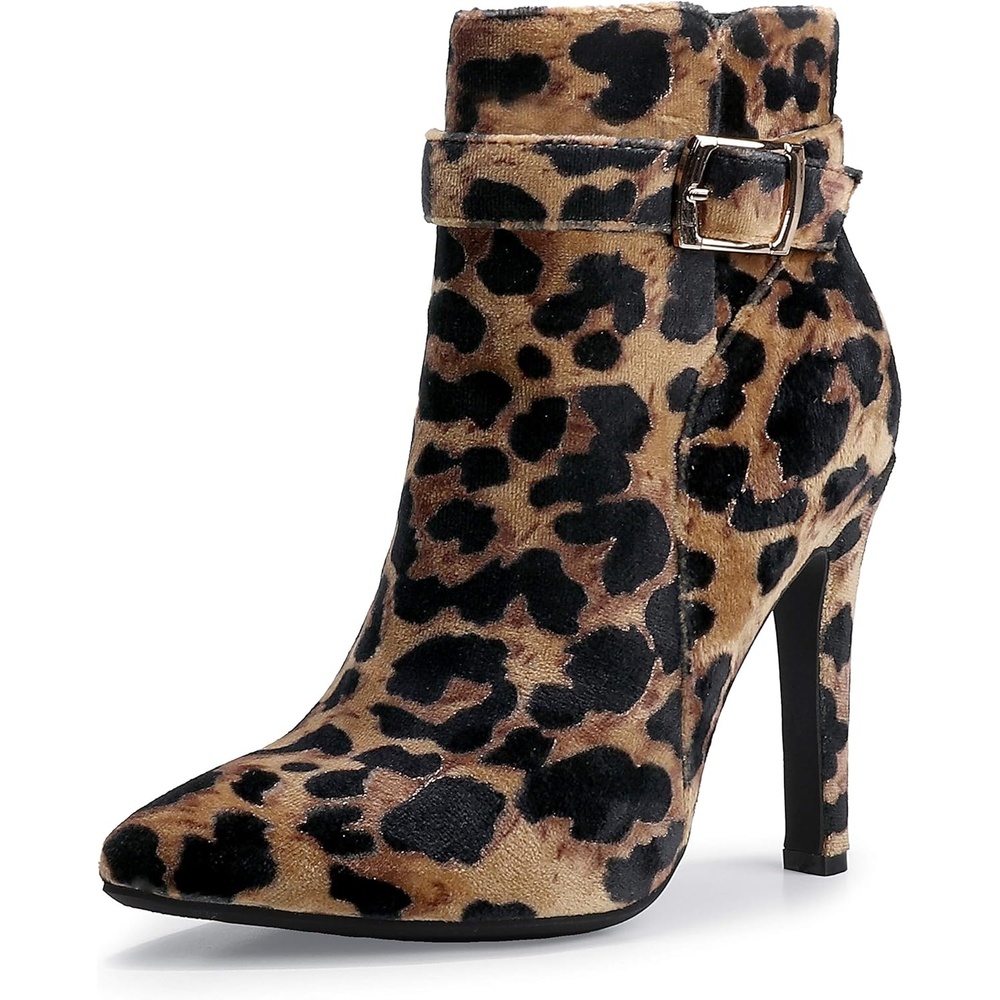 image:imageIDIFU Womens Dana Pointed Toe Stiletto High Heels Ankle Booties Side Zipper Short Boots with Metal BuckleLeopard Suede