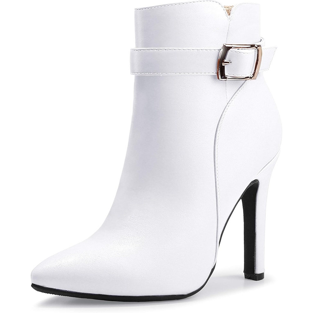 image:imageIDIFU Womens Dana Pointed Toe Stiletto High Heels Ankle Booties Side Zipper Short Boots with Metal BuckleWhite Pu