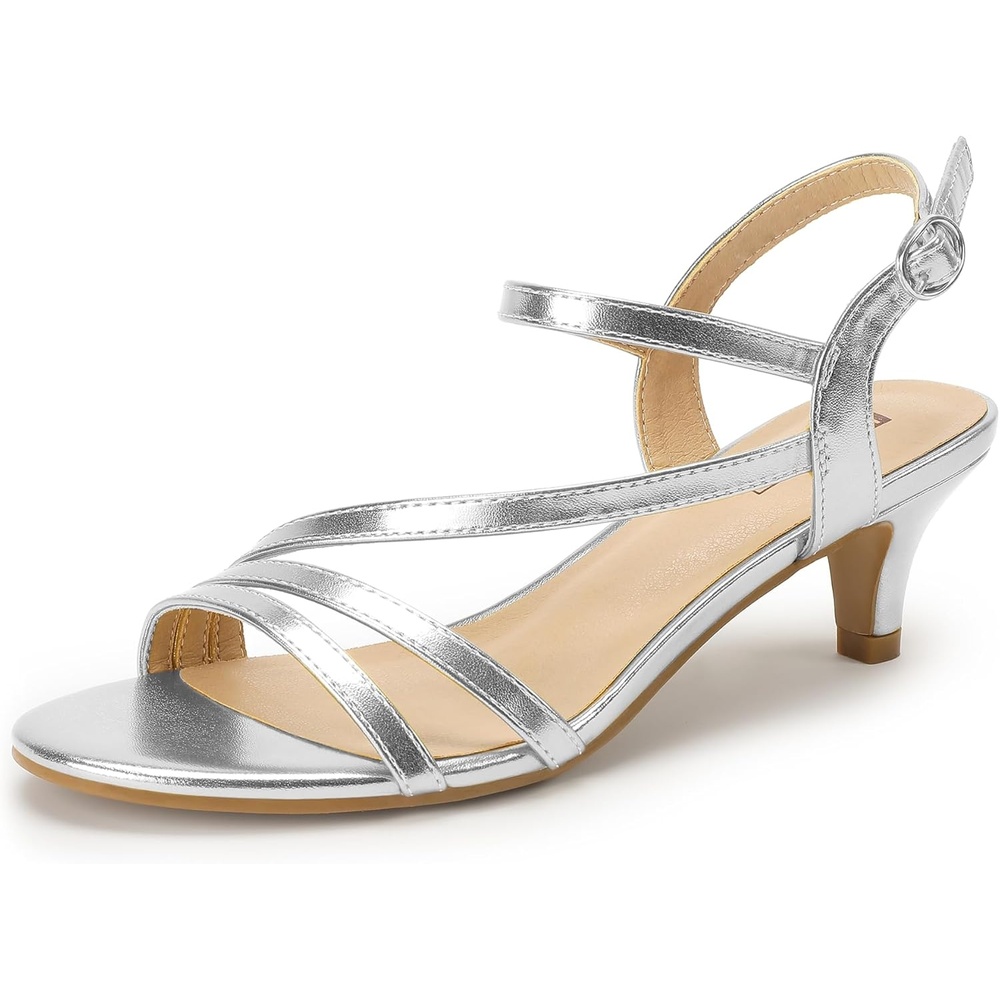 image:imageIDIFU Womens Dressy Strappy 2 Inch Low Kitten Heel Open Toe Sandals Dress Shoes for Woman Lady in Bridal Dance EveningSilver Pu