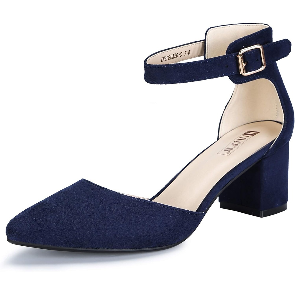 image:imageIDIFU Womens IN2 Pedazo Dress Shoes Low Block Heels Comfortable Chunky Closed Toe Ankle Strap Wedding PumpsBlue Suede
