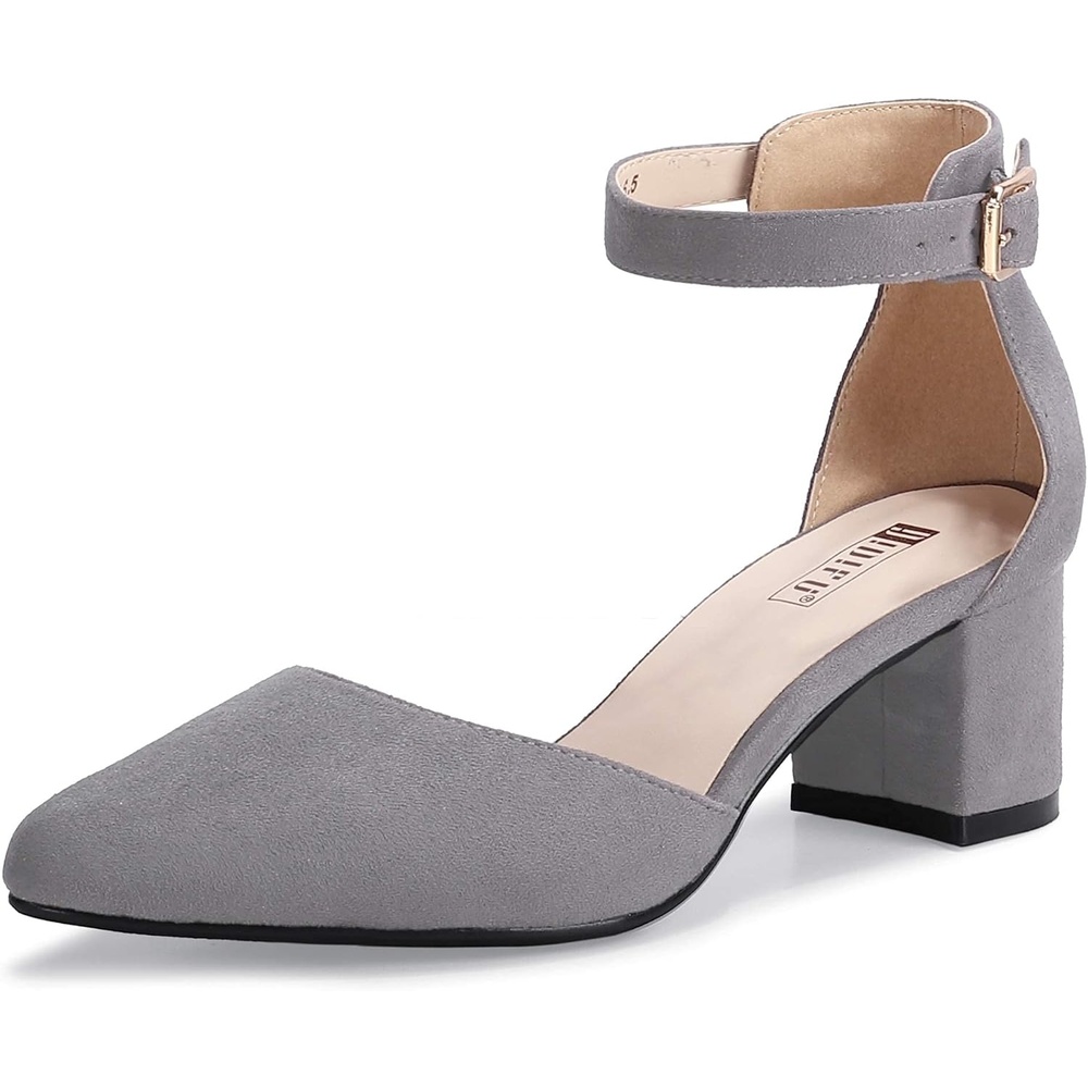 image:imageIDIFU Womens IN2 Pedazo Dress Shoes Low Block Heels Comfortable Chunky Closed Toe Ankle Strap Wedding PumpsGray Suede