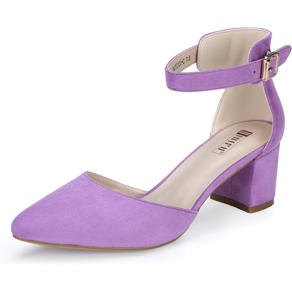 image:imageIDIFU Womens IN2 Pedazo Dress Shoes Low Block Heels Comfortable Chunky Closed Toe Ankle Strap Wedding PumpsLavender Suede