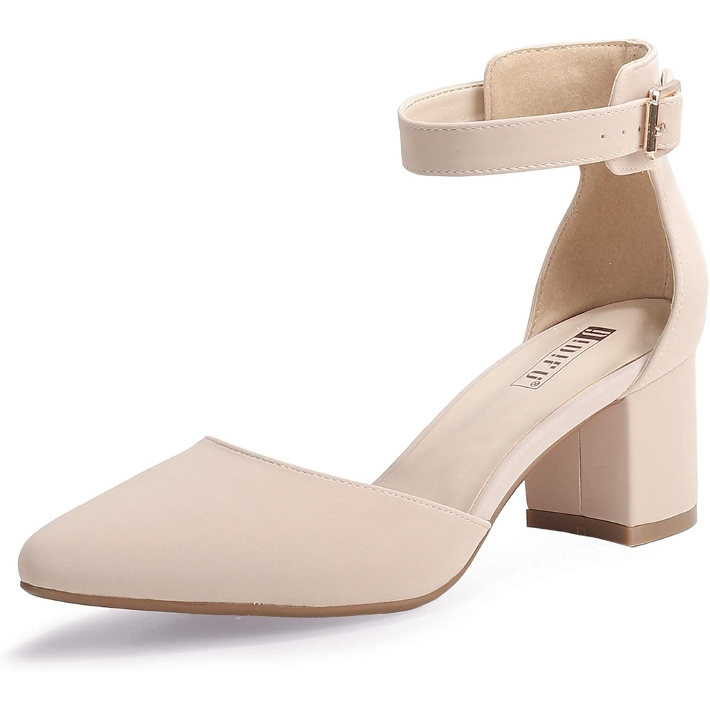image:imageIDIFU Womens IN2 Pedazo Dress Shoes Low Block Heels Comfortable Chunky Closed Toe Ankle Strap Wedding PumpsNude Nubuck