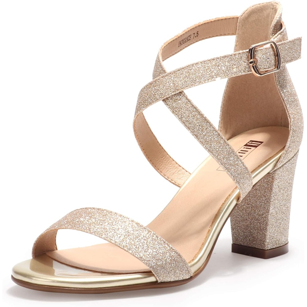 image:imageIDIFU Womens IN3 Grace Strappy Block Heels Sandals Comfy Open Toe Chunky Dress Wedding Shoes with Adjustable Cross StrapGold Glitter