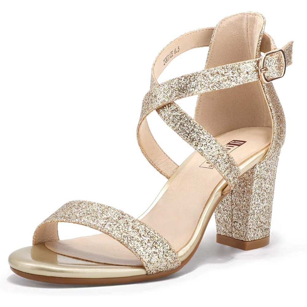 image:imageIDIFU Womens IN3 Grace Strappy Block Heels Sandals Comfy Open Toe Chunky Dress Wedding Shoes with Adjustable Cross StrapGold Sparkle