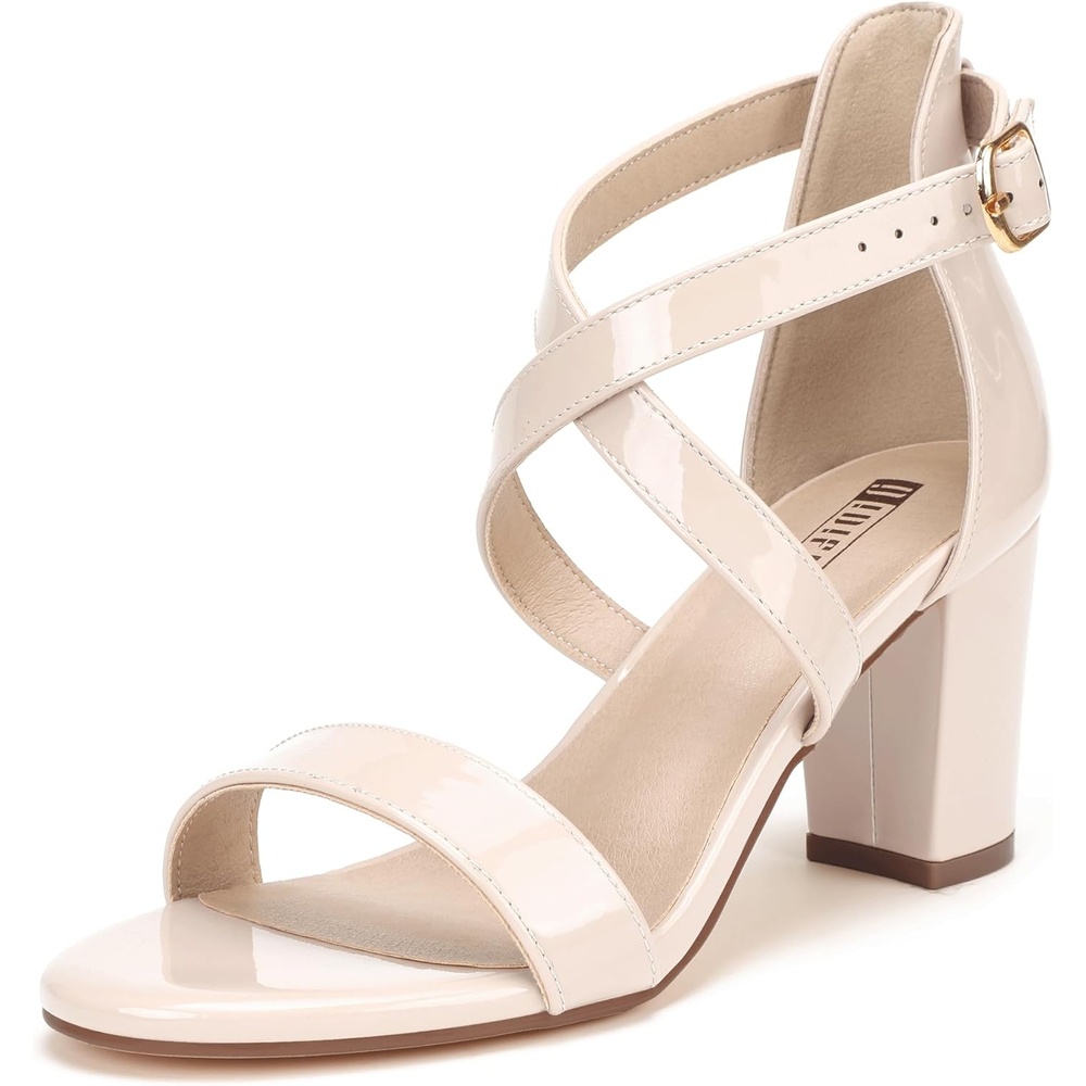image:imageIDIFU Womens IN3 Grace Strappy Block Heels Sandals Comfy Open Toe Chunky Dress Wedding Shoes with Adjustable Cross StrapNude Patent
