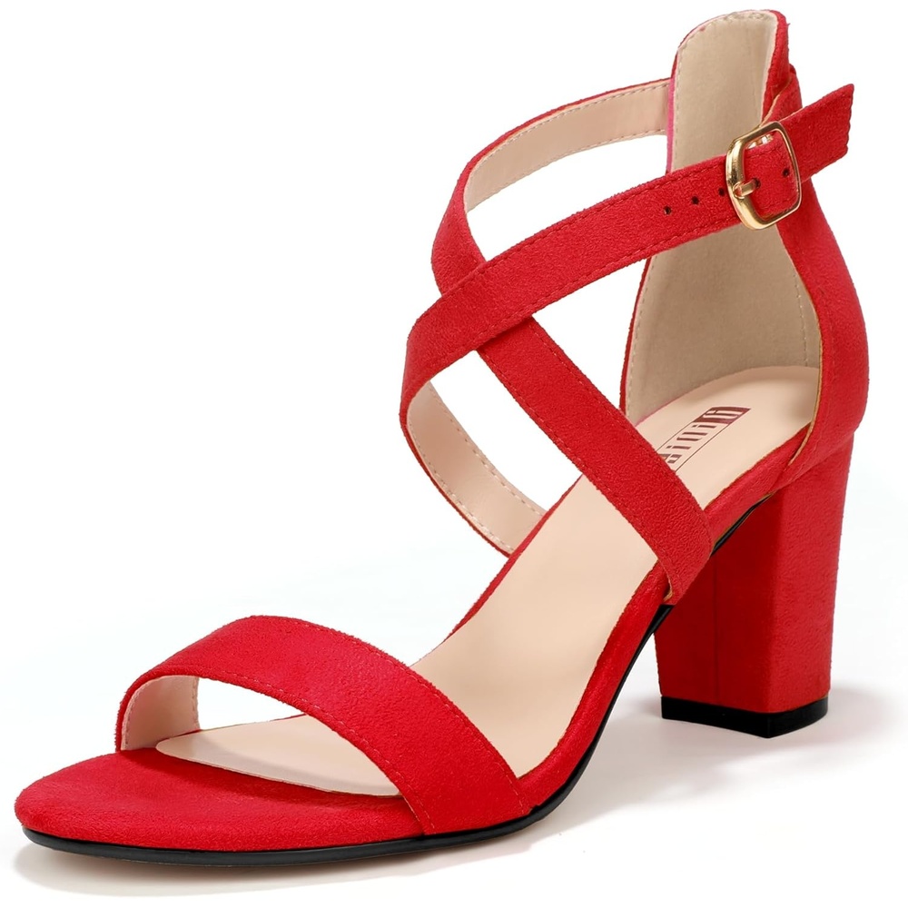 image:imageIDIFU Womens IN3 Grace Strappy Block Heels Sandals Comfy Open Toe Chunky Dress Wedding Shoes with Adjustable Cross StrapRed Suede