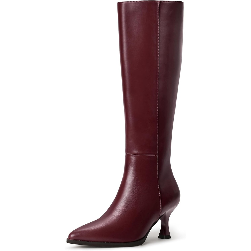 image:imageIDIFU Womens IN3 Knee High Tall Boots Pointed Toe Low Kitten Heel Long Fall Boot Side Zipper for Women Ladies Dress Dressy Fashion Small Heeled BootsBurgundy Pu