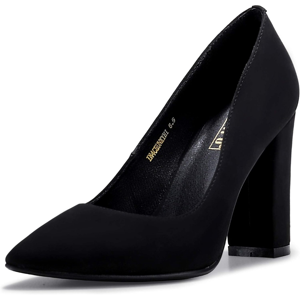 image:imageIDIFU Womens IN4 ChunkyHI Block High Heels Closed Pointed Toe Pumps Dress Office Shoes for WomenBlack Nubuck
