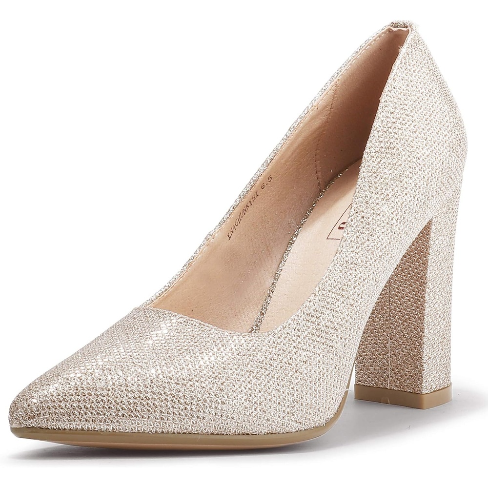 image:imageIDIFU Womens IN4 ChunkyHI Block High Heels Closed Pointed Toe Pumps Dress Office Shoes for WomenGold Glitter