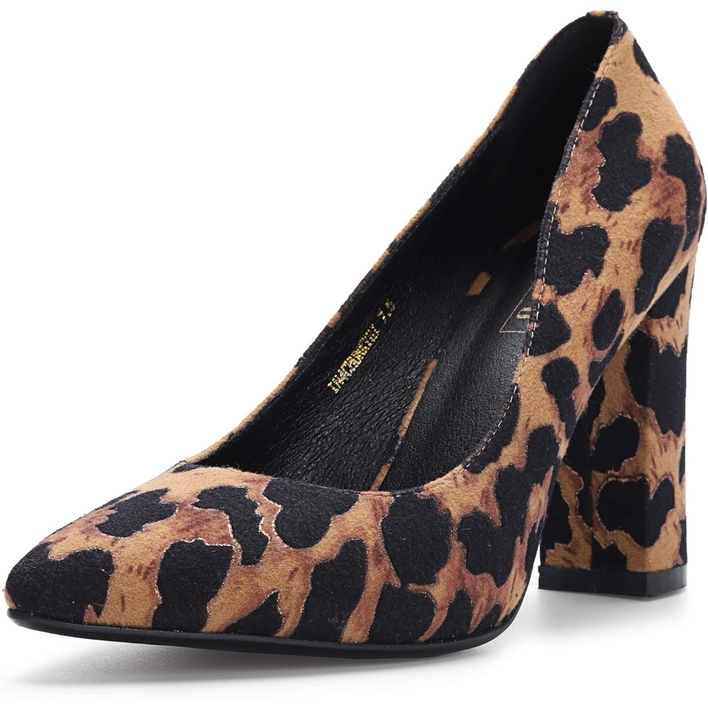 image:imageIDIFU Womens IN4 ChunkyHI Block High Heels Closed Pointed Toe Pumps Dress Office Shoes for WomenLeopard Suede