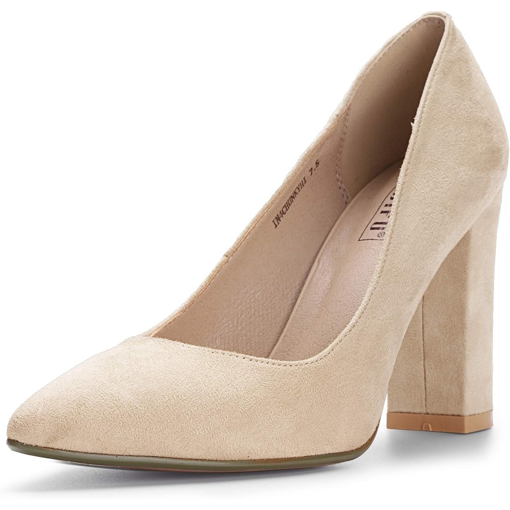 image:imageIDIFU Womens IN4 ChunkyHI Block High Heels Closed Pointed Toe Pumps Dress Office Shoes for WomenNude Suede