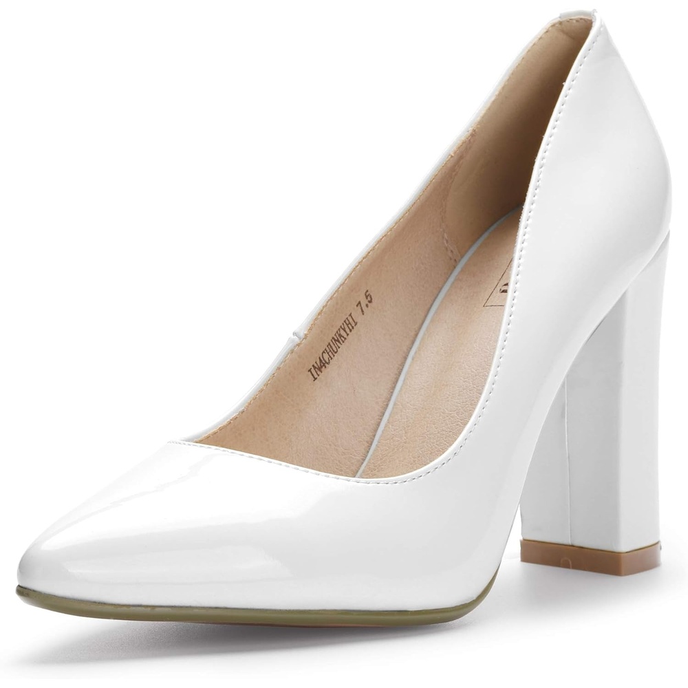 image:imageIDIFU Womens IN4 ChunkyHI Block High Heels Closed Pointed Toe Pumps Dress Office Shoes for WomenWhite Patent