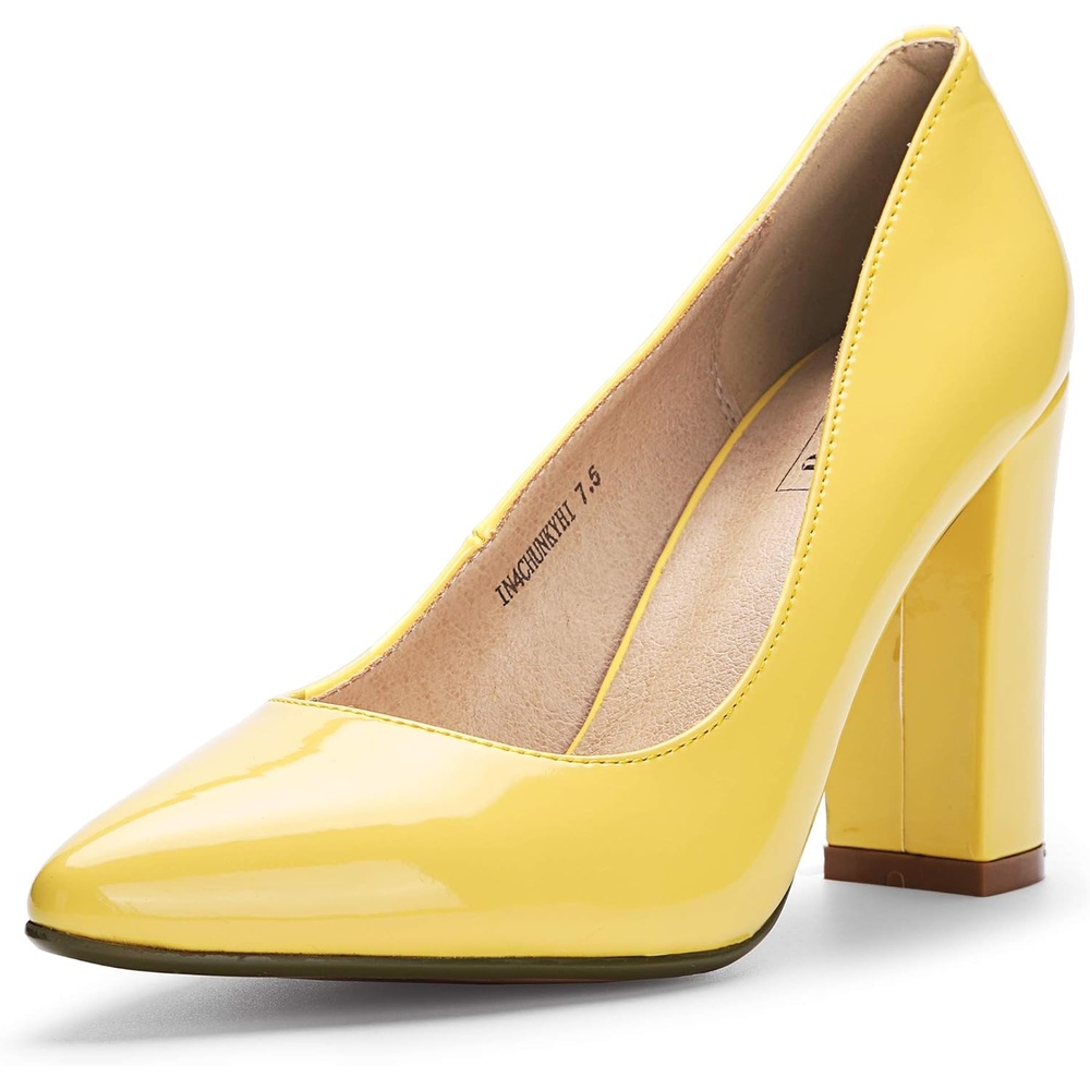 image:imageIDIFU Womens IN4 ChunkyHI Block High Heels Closed Pointed Toe Pumps Dress Office Shoes for WomenYellow Patent