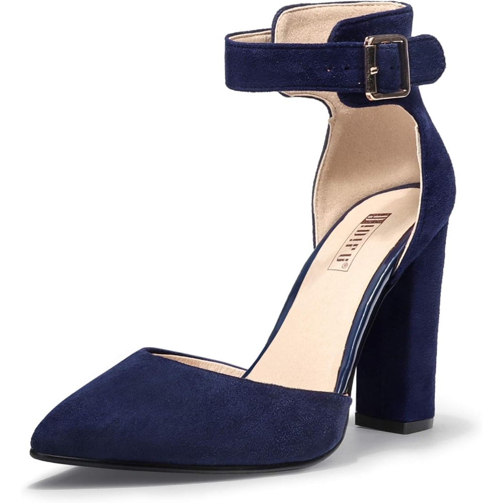 image:imageIDIFU Womens IN4 Pedazo High Block Heels Pumps Pointed Closed Toe Ankle Strap Dress Wedding ShoesBlue Suede
