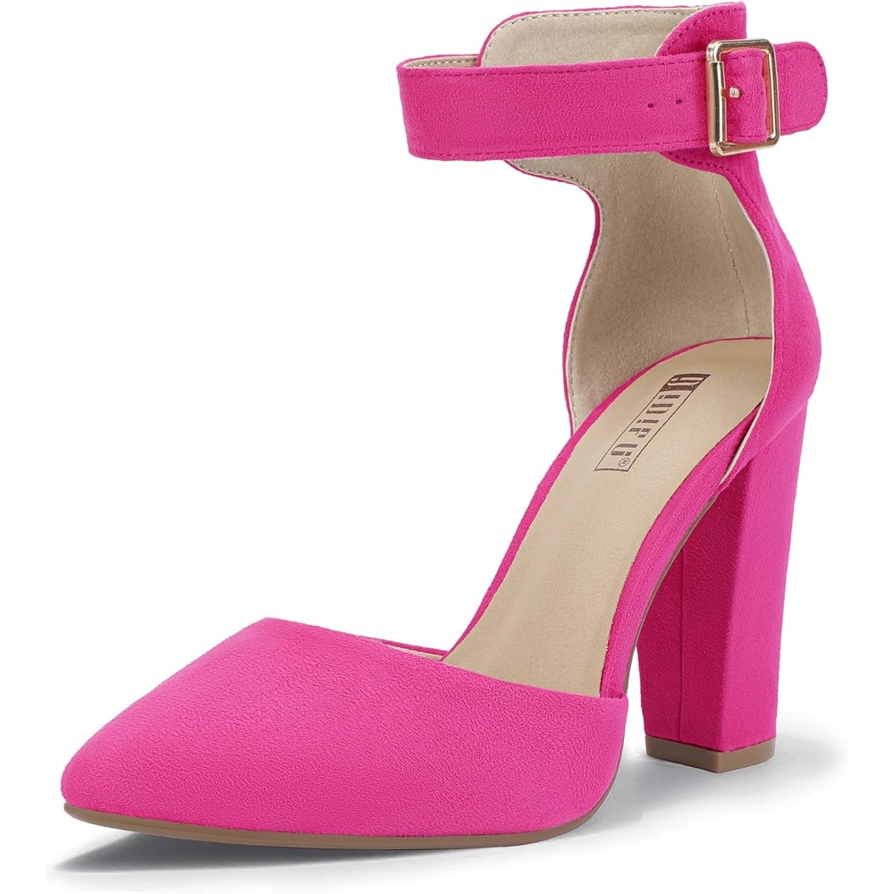 image:imageIDIFU Womens IN4 Pedazo High Block Heels Pumps Pointed Closed Toe Ankle Strap Dress Wedding ShoesHot Pink Suede