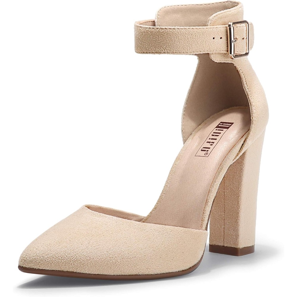 image:imageIDIFU Womens IN4 Pedazo High Block Heels Pumps Pointed Closed Toe Ankle Strap Dress Wedding ShoesNude Suede