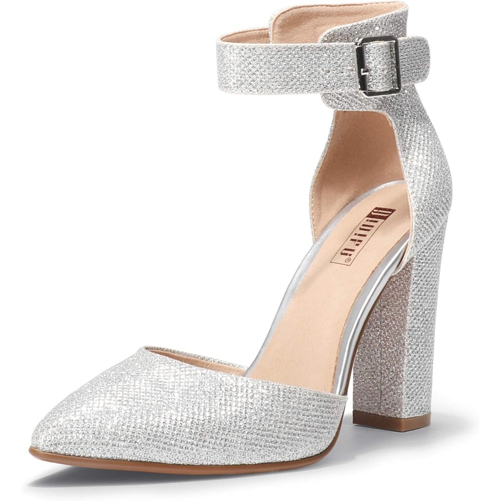 image:imageIDIFU Womens IN4 Pedazo High Block Heels Pumps Pointed Closed Toe Ankle Strap Dress Wedding ShoesSilver Glitter