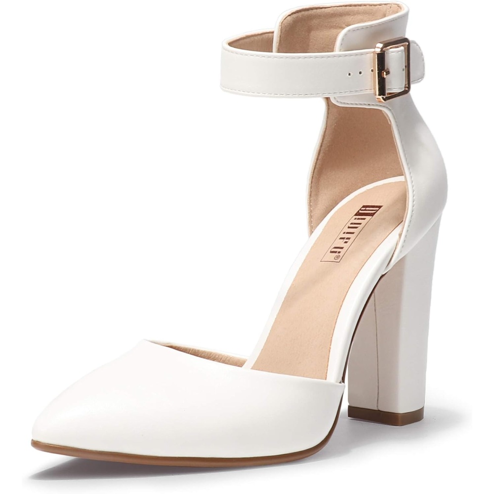 image:imageIDIFU Womens IN4 Pedazo High Block Heels Pumps Pointed Closed Toe Ankle Strap Dress Wedding ShoesWhite Pu