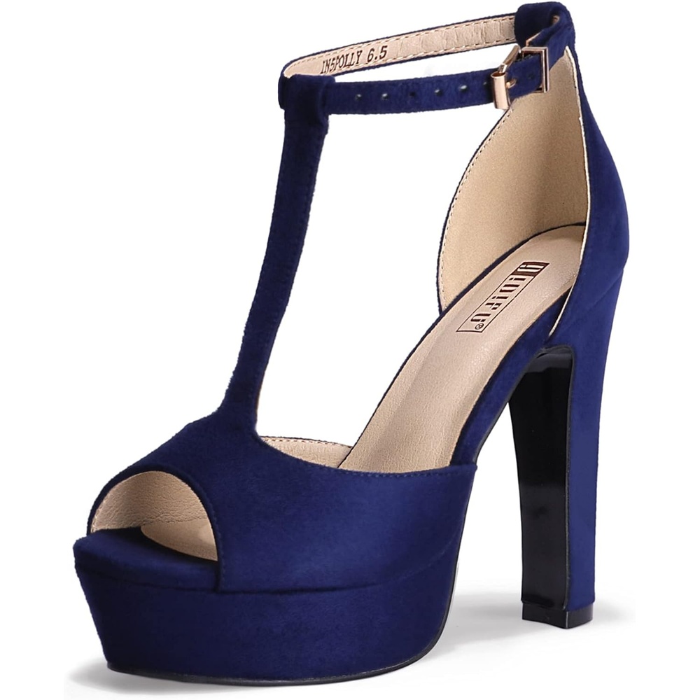 image:imageIDIFU Womens IN5 Polly Platform Chunky High Heels TStrap Sexy Sandals Peep Toe Wedding Party Prom Dress Shoes for Women BrideBlue Suede