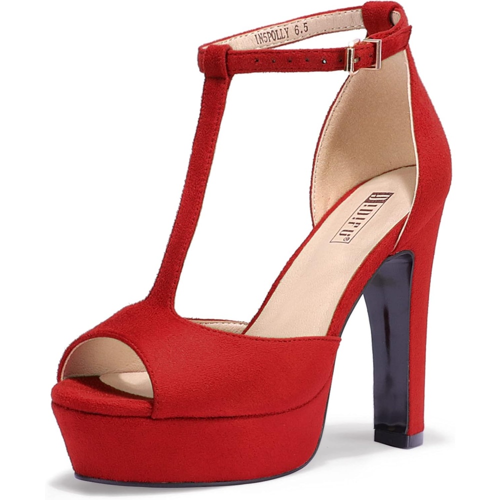 image:imageIDIFU Womens IN5 Polly Platform Chunky High Heels TStrap Sexy Sandals Peep Toe Wedding Party Prom Dress Shoes for Women BrideRed Suede