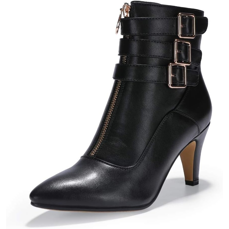 image:imageIDIFU Womens Pointed Toe Metal Buckle Two Strap Ankle Booties Side Zipper Kitten Heel Dress Classic Short BootsBlack
