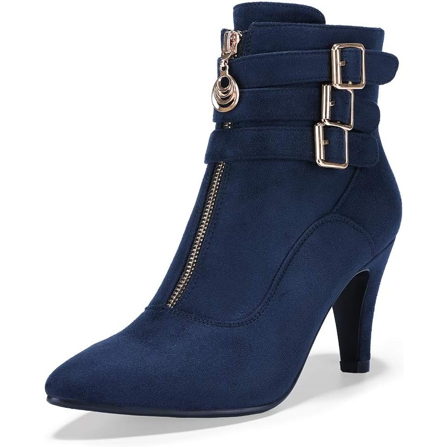 image:imageIDIFU Womens Pointed Toe Metal Buckle Two Strap Ankle Booties Side Zipper Kitten Heel Dress Classic Short BootsBlue Suede
