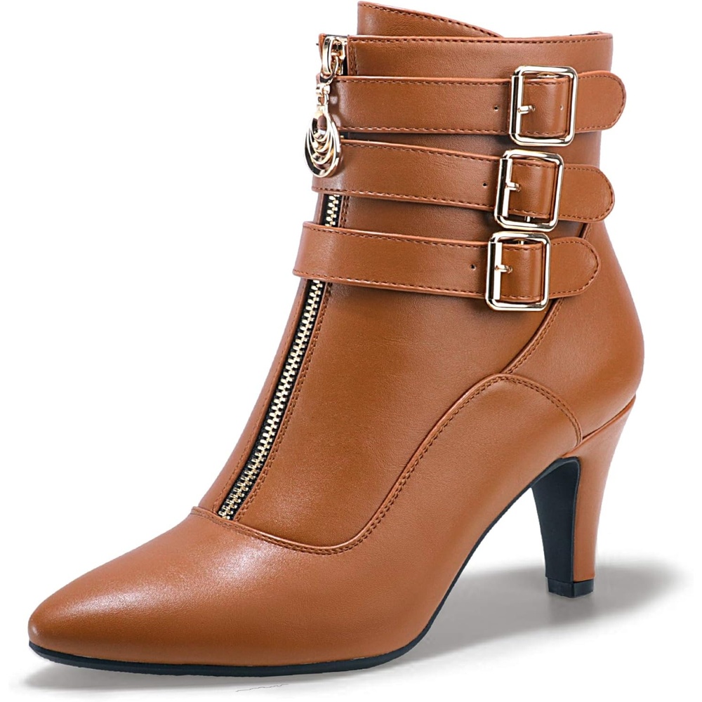 image:imageIDIFU Womens Pointed Toe Metal Buckle Two Strap Ankle Booties Side Zipper Kitten Heel Dress Classic Short BootsBrown Pu