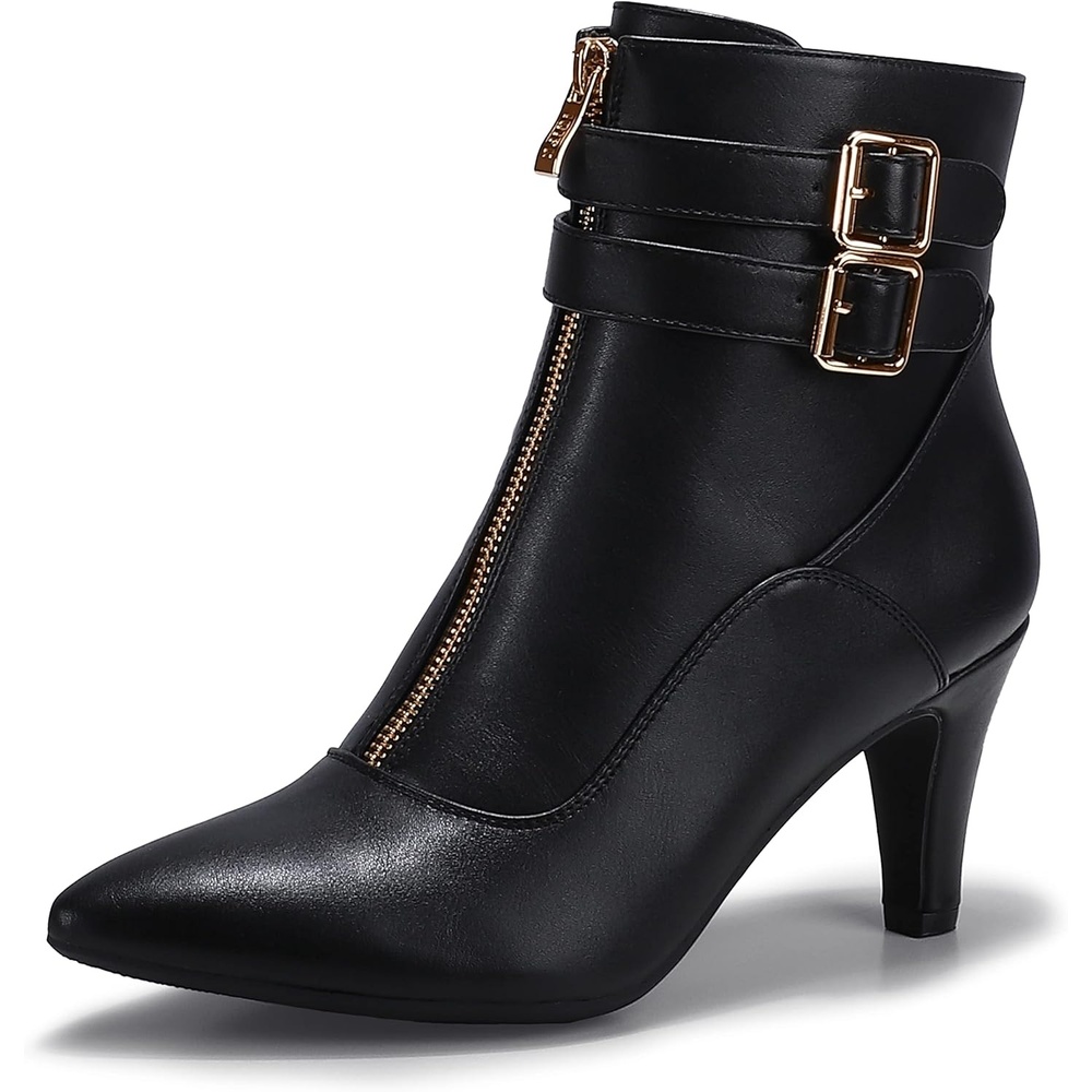 image:imageIDIFU Womens Pointed Toe Metal Buckle Two Strap Ankle Booties Side Zipper Kitten Heel Dress Classic Short BootsD Black Pu