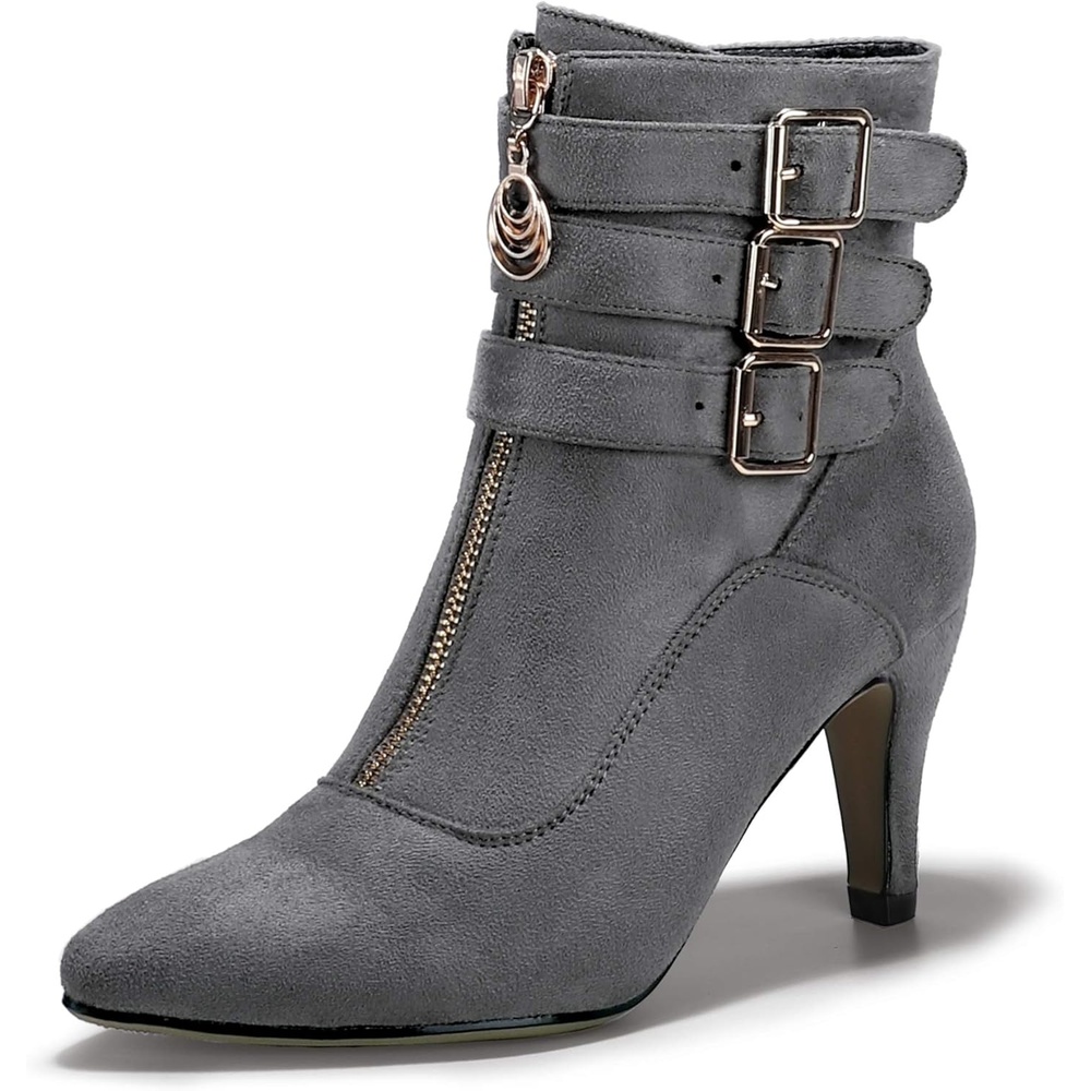 image:imageIDIFU Womens Pointed Toe Metal Buckle Two Strap Ankle Booties Side Zipper Kitten Heel Dress Classic Short BootsGray Suede