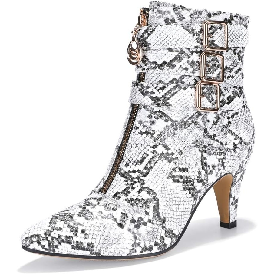 image:imageIDIFU Womens Pointed Toe Metal Buckle Two Strap Ankle Booties Side Zipper Kitten Heel Dress Classic Short BootsSnake White