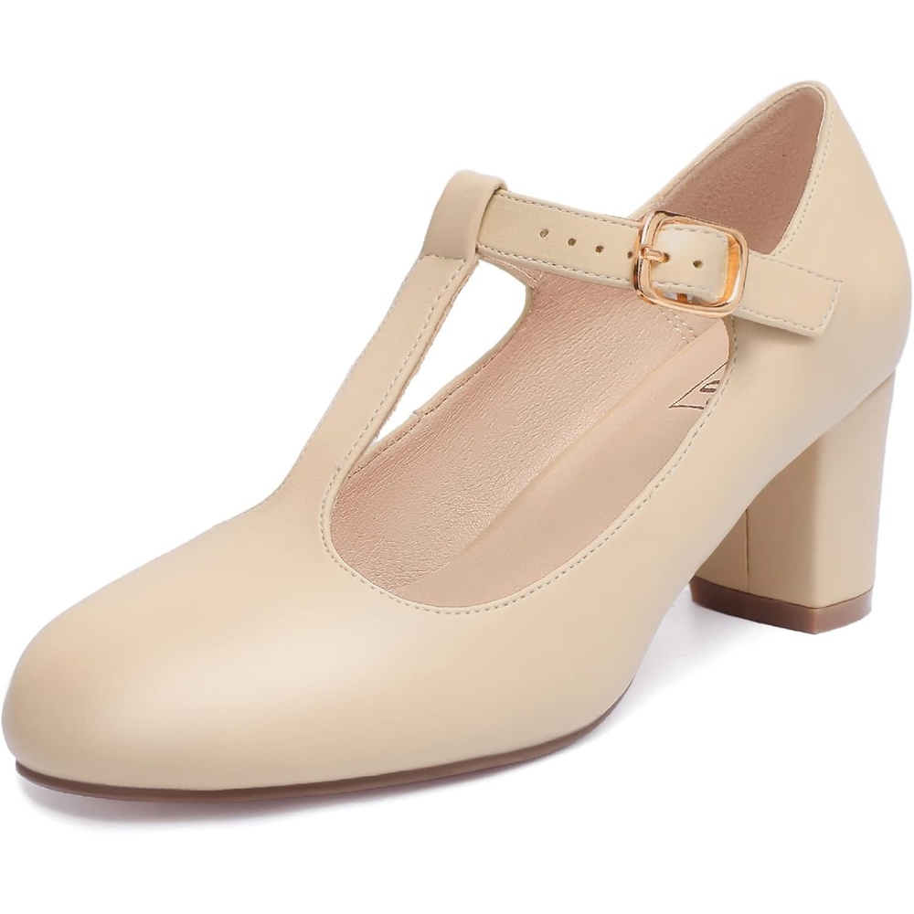 image:imageIDIFU Womens Pumps Dress Shoes for Women Mary Jane Low Chunky Closed Toe TStrap Womens Dress Shoes Wedding Shoes for Bride Black Nude Silver Heels for WomenBeige Pu