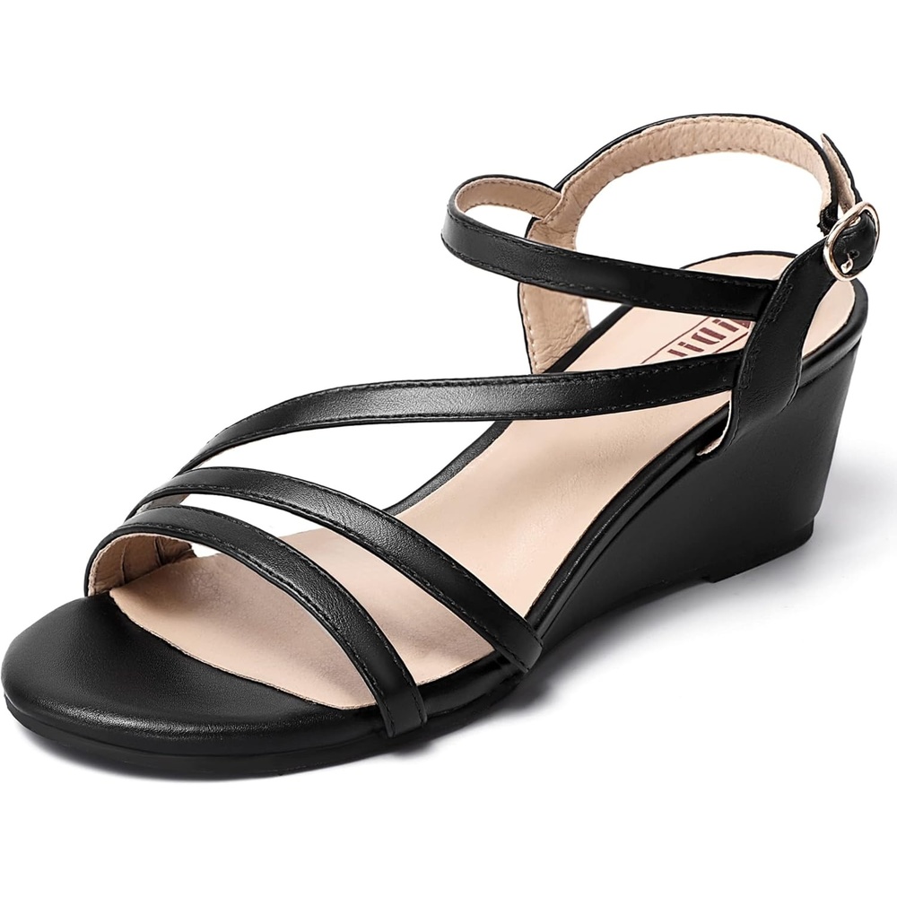 image:imageIDIFU Womens Wedge Heel Sandal Dress Low Strappy 2 Inch Open Toe Wedding Bridal Shoes for Woman Ladies Evening FormalBlack Pu