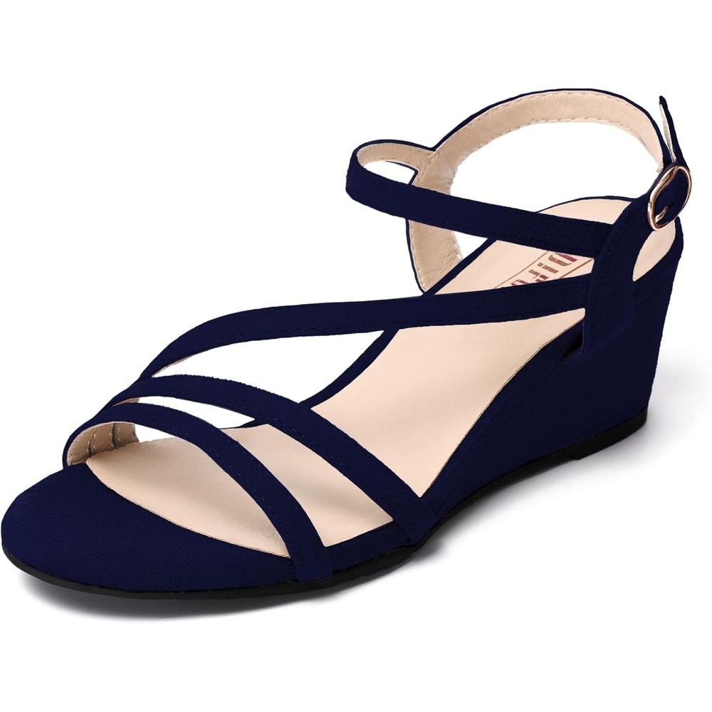 image:imageIDIFU Womens Wedge Heel Sandal Dress Low Strappy 2 Inch Open Toe Wedding Bridal Shoes for Woman Ladies Evening FormalBlue Suede