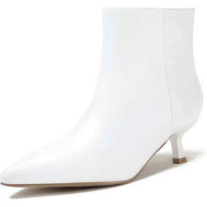 image:imageIDIFU IN2 Ankle Boots for Women Low Short Kitten Heel Booties Detachable Metal Strap Zipper Closed Pointed Toe Fall Ladies Bride Wedding Booties Comfortable Cute Trendy Stylish Fashion Dressy BootsWhite Pu