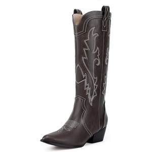 image:imageIDIFU IN2 Cowboy Boots For Women Cowgirl Knee High Western Tall Boots Chunky Low Pointed Toe Heel Boots Fashion Booties for Women Embroidered Wedding Country Concert BootsDark Brown