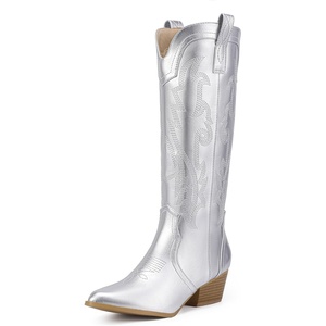 image:imageIDIFU IN2 Cowboy Boots For Women Cowgirl Knee High Western Tall Boots Chunky Low Pointed Toe Heel Boots Fashion Booties for Women Embroidered Wedding Country Concert BootsSilver