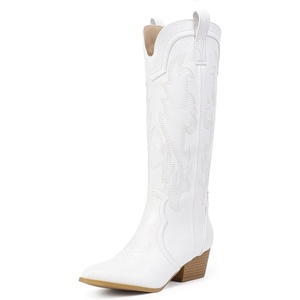image:imageIDIFU IN2 Cowboy Boots For Women Cowgirl Knee High Western Tall Boots Chunky Low Pointed Toe Heel Boots Fashion Booties for Women Embroidered Wedding Country Concert BootsWhite