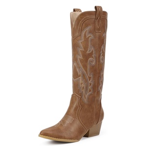 image:imageIDIFU IN2 Cowboy Boots For Women Cowgirl Knee High Western Tall Boots Chunky Low Pointed Toe Heel Boots Fashion Booties for Women Embroidered Wedding Country Concert BootsBrown