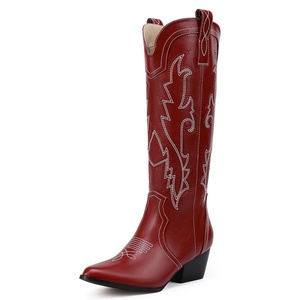 image:imageIDIFU IN2 Cowboy Boots For Women Cowgirl Knee High Western Tall Boots Chunky Low Pointed Toe Heel Boots Fashion Booties for Women Embroidered Wedding Country Concert BootsRed