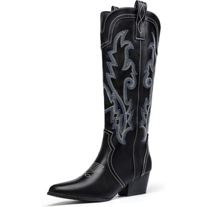 image:imageIDIFU IN2 Cowboy Boots For Women Cowgirl Knee High Western Tall Boots Chunky Low Pointed Toe Heel Boots Fashion Booties for Women Embroidered Wedding Country Concert BootsBlack